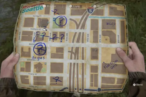 Mapa Seattle z zaznaczonymi miejscami i pytajnikami. Może zawierać wskazówki do sejfu w The Last of Us 2.