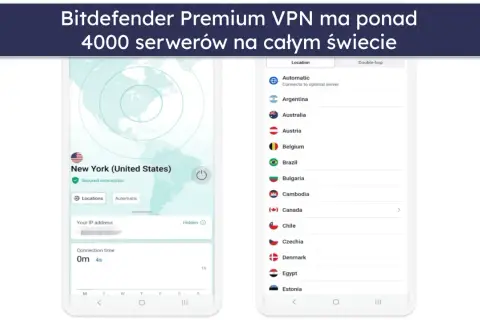 Aplikacja Bitdefender VPN pokazuje mapę świata z zaznaczonym Nowym Jorkiem i listę dostępnych lokalizacji serwerów, np. Argentyna, Australia, Austria.