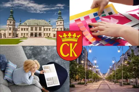 Kielce: pałac, próbki kolorów, kobieta z próbkami tkanin, ulica z latarniami.