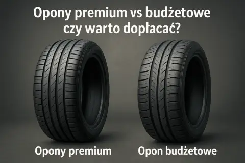 Dwie opony samochodowe: jedna premium, druga budżetowa, na ciemnym tle.