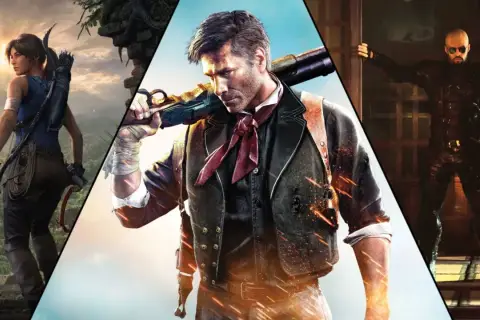 Lara Croft, Booker DeWitt i postać w czarnym stroju. Gry podobne do Far Cry, pełne akcji i przygód.