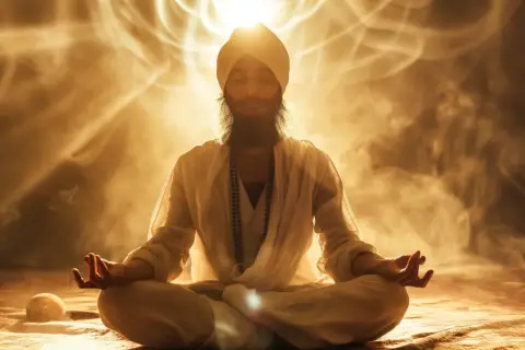 Mężczyzna w turbanie medytuje w pozycji lotosu, otoczony złotą poświatą i dymem, symbolizującym przebudzenie kundalini.