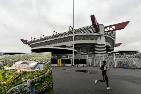 Wizualizacja nowego stadionu w miejscu San Siro, obok biegnącej osoby. Planowany san siro wyburzenie.