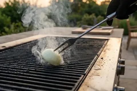 Une main gantée utilise une fourchette pour retourner un oignon sur un grill chaud, une astuce pour comment nettoyer un grill viande.