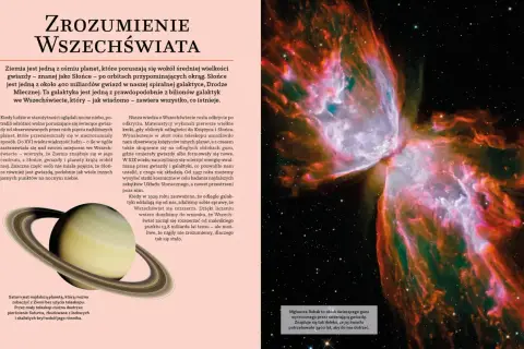 Kolorowa mgławica kosmiczna i pierścienie Saturna na tle gwiazd.