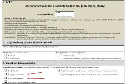 Formularz PIT-37, sekcja B. Sposób rozliczenia podatku. Zaznaczono opcję "wspólnie z małżonkiem" i "jako wdowa/wdowiec", co może oznaczać korektę PIT-37 po otrzymaniu zwrotu.