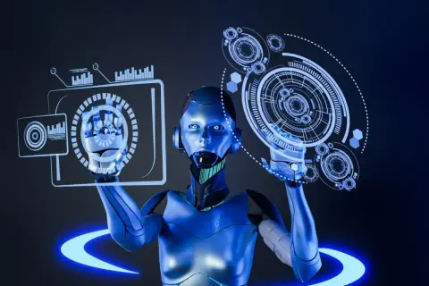 Robot z błyszczącym, niebieskim wykończeniem manipuluje interfejsami holograficznymi, symbolizując zaawansowane możliwości agi ai.