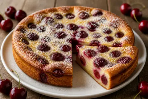 Clafoutis aux cerises, une recette facile et gourmande. Ce dessert doré, parsemé de sucre glace, invite à la dégustation.