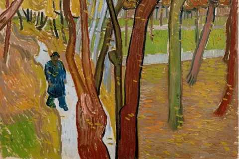 A solitary figure in a blue coat walks a path through a forest, a scene reminiscent of famous autumn paintings, with vibrant fall colors and scattered leaves.