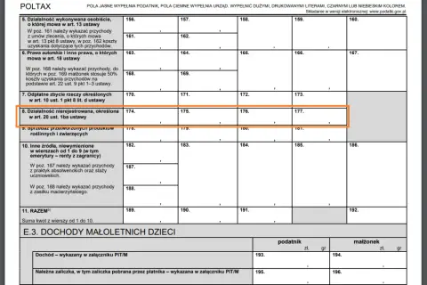 Wiersz 8 formularza PIT dotyczy działalności nierejestrowanej, z limitem przychodów określonym w art. 20 ust. 1ba ustawy.