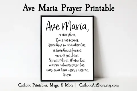 Wydruk modlitwy "Zdrowaś Mario po łacinie" (Ave Maria). Piękny tekst modlitwy w ramce.