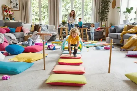 Wesołe zajęcia kreatywne pomysły: dzieci pokonują tor przeszkód z poduszek w salonie, mama kibicuje.