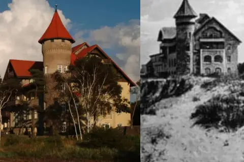 Zamek w Łebie, dawniej willa, dziś hotel. Obok historyczne zdjęcie tej samej budowli.