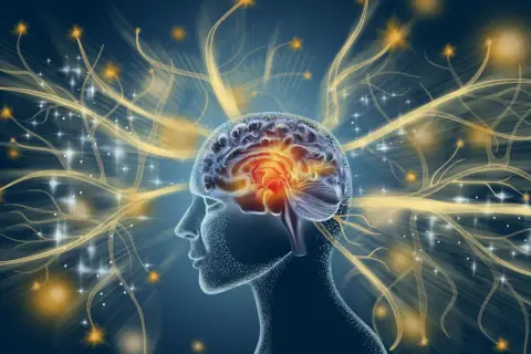 Silueta de cabeza humana con cerebro brillante y conexiones neuronales doradas, explorando curiosidades del cerebro.