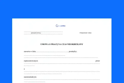 Formularz umowy o pracę na czas nieokreślony. Dokument zawiera pola na dane pracodawcy i pracownika, datę zawarcia umowy oraz inne istotne informacje dotyczące różnych rodzaje umów o pracę.