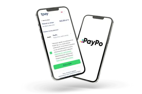Dwa telefony prezentują płatność PayPo. Na jednym ekranie widać proces zakupu online z opcją "Kupuj teraz, zapłać później" za pomocą PayPo.
