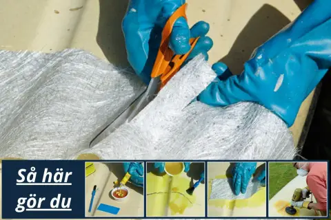 Här visas hur du kan laga glasfiber. En person klipper glasfiberväv med en orange sax.