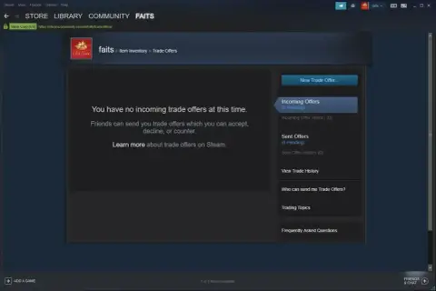 Na Steamie, gdzie jest trade link? Brak ofert wymiany, ale można je wysłać lub zobaczyć historię.