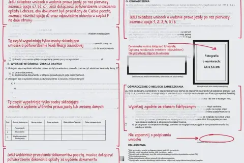 Formularz wniosku o wydanie prawa jazdy, zawierający sekcje dotyczące danych osobowych, oświadczeń i potwierdzenia kwalifikacji. Wniosek o wydanie prawa jazdy.