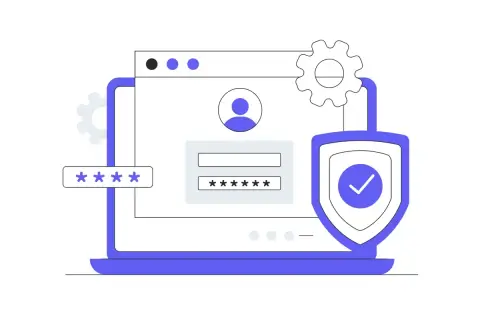 Ilustracja przedstawia ekran logowania z polami na hasło i ikoną tarczy, symbolizującą bezpieczeństwo. To pokazuje, bitlocker co to jest – ochrona danych.