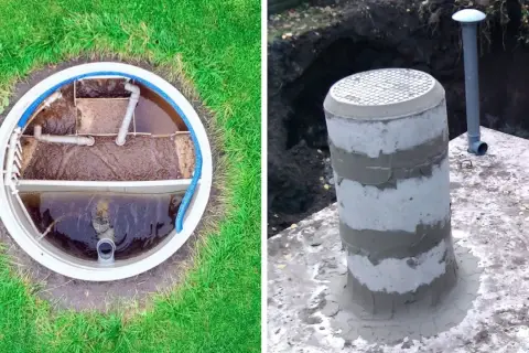 Widok wnętrza szamba i betonowego komina. Wybór między szambem a oczyszczalnią to ważna decyzja.