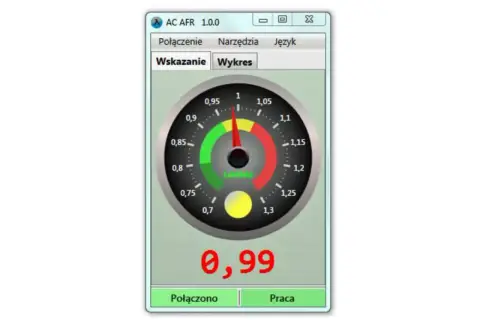Wskaźnik AFR na ekranie komputera pokazuje wartość 0,99. Wskaźnik lambda jest w strefie czerwonej.