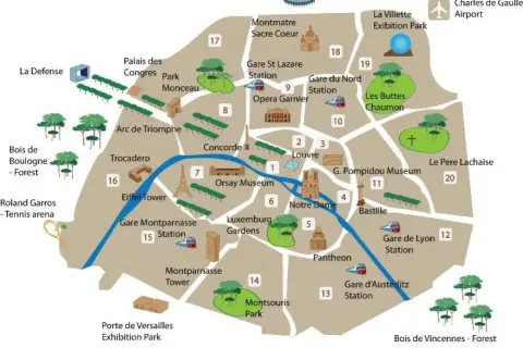 Mapa turystyczna aglomeracji paryskiej z zaznaczonymi atrakcjami: Wieża Eiffla, Luwr, Notre Dame, Łuk Triumfalny, parki i lotniska.