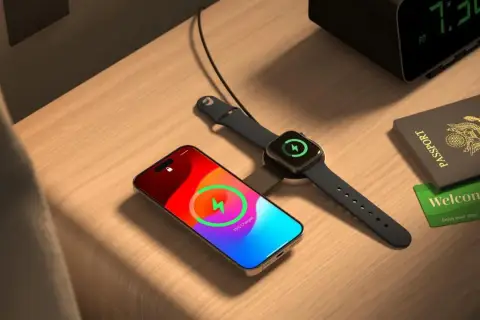 Na stoliku nocnym leży iPhone i Apple Watch ładowane bezprzewodowo. Obok paszport i karta "Welcome". To pokazuje, jak działa magsafe co to za technologia.