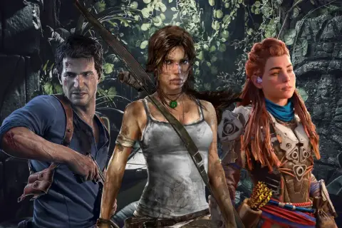 Nathan Drake, Lara Croft i Aloy – bohaterowie gier podobnych do Tomb Raider, gotowi na przygodę w dżungli.