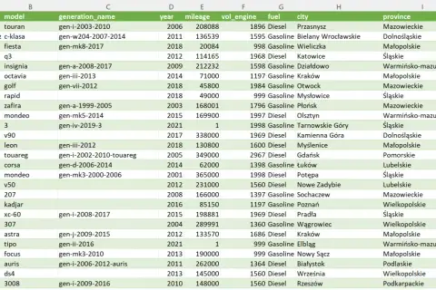 Tabela z danymi samochodów, idealna do analizy danych Excel. Widoczne marki, modele, roczniki, przebiegi i ceny.