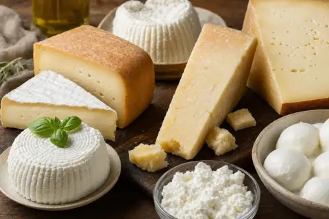 Varietà di formaggi, alcuni con più colesterolo, tra cui mozzarella, ricotta e parmigiano, disposti su un tagliere di legno.
