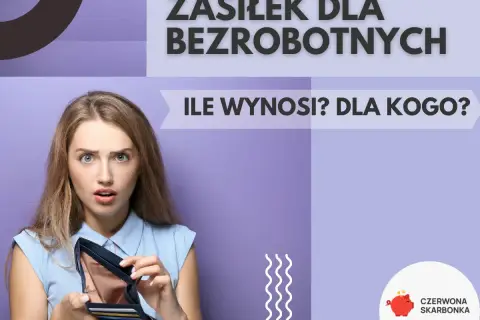 Zaskoczona kobieta pokazuje pusty portfel, zastanawiając się, ile wynosi zasiłek dla bezrobotnych.