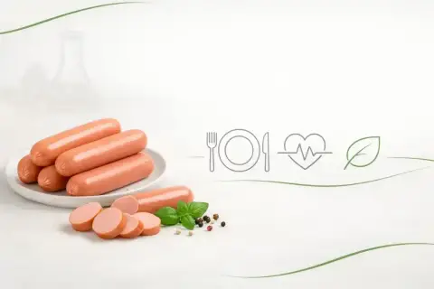 Parówki na talerzu, obok plasterki i bazylia. Ikony sugerują, czy parówki są lekkostrawne i zdrowe.