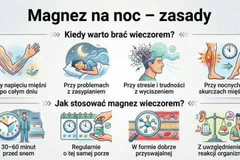 Kiedy najlepiej brać magnez? Warto wieczorem, gdy masz napięcie mięśni, problemy ze snem, stresem, skurcze lub trudności z wyciszeniem. Stosuj 30-60 minut przed snem.
