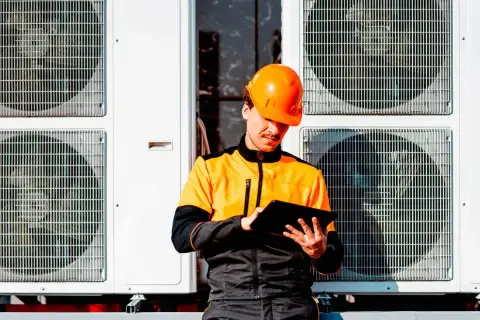 Technik w pomarańczowym kasku sprawdza dane na tablecie przy jednostkach zewnętrznych pompy ciepła, planując dofinansowanie.