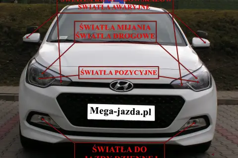 Biały samochód z zaznaczonymi światłami: kierunkowskazy, awaryjne, mijania, drogowe, pozycyjne i do jazdy dziennej. Przydatne do nauki przed egzaminem na prawo jazdy.