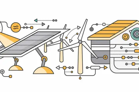 Ilustracja przedstawia schemat działania domu pasywnego: panele słoneczne i turbina wiatrowa dostarczają energię do inteligentnego budynku.