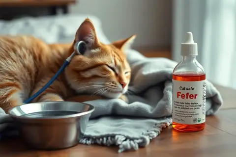 Pomarańczowy kot odpoczywa, gdy obok leży buteleczka z lekiem "Fefer", sugerującym gorączkę u kota.