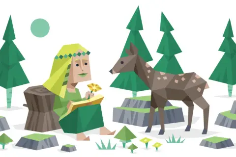 Kobieta o łagodnym spojrzeniu, niczym **INFP**, siedzi na pniu, trzymając kwiat. Obok niej stoi sarenka, a wokół rozciąga się las.