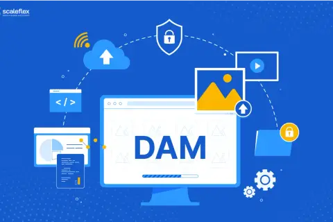 Illustration d'un système DAM d'entreprise : gestion de contenu visuel, sécurité, stockage cloud et analyse de données.