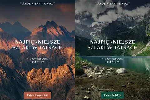 Dwa okładki książek o szlakach w Tatrach. Po lewej złociste szczyty, po prawej jezioro i skaliste góry.