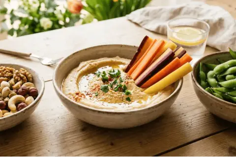 Zdrowa przekąska: hummus z marchewką, orzechy i edamame to świetne co zamiast chipsów.