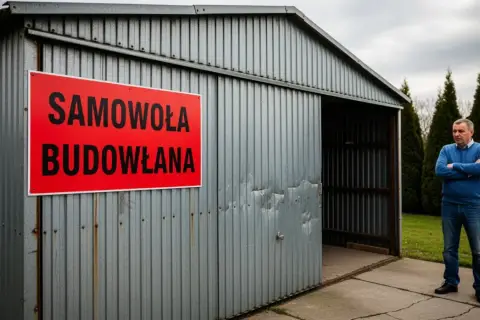 Mężczyzna stoi obok blaszaka z napisem "Samowola budowlana". Kara za postawienie go bez zgłoszenia jest widoczna na jego zmartwionej twarzy.