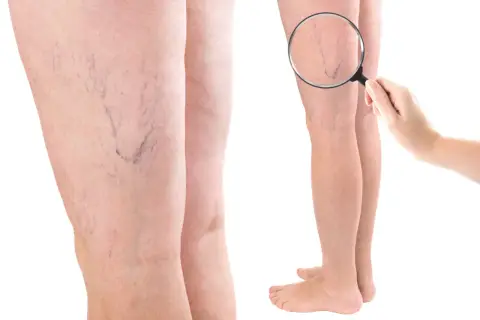 Widoczne zylaki na nodze, ukazane zbliżenie pod lupą.