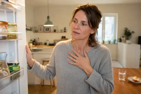Frau öffnet Kühlschrank, Hand auf der Brust, offensichtlich mit **heißhunger**. Auf dem Tisch ein Glas Wasser und ein Apfelstück.