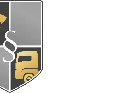 Logo z lwem, paragrafem i ciężarówką. Napis "LEGALTRANS KANCELARIA TRANSPORTOWA".