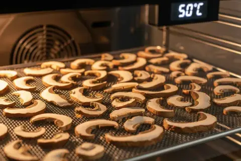 Suszone grzyby na siatce w piekarniku. Cyfrowy wyświetlacz pokazuje 50°C, co sugeruje idealną temperaturę, w jakiej suszyć grzyby, by zachowały aromat.