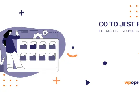 Ilustracja przedstawia kobietę zarządzającą plikami na ekranie, symbolizującą łatwy dostęp do danych przez ftp port.