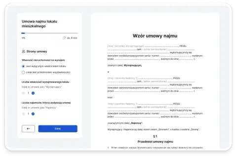 Formularz umowy najmu lokalu mieszkalnego, gdzie można określić dane wynajmującego i najemcy.