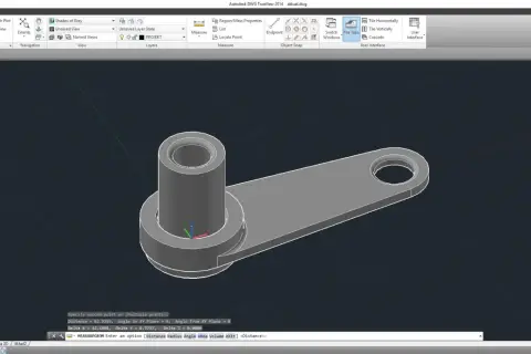 Model 3D elementu mechanicznego w formacie dwg. Widoczny jest cylinder połączony z płaskim ramieniem z otworem.